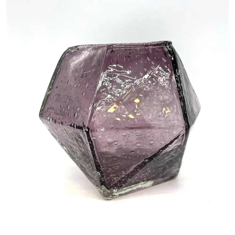 Anthropologie Faceted Geometric Purple / Amethyst Seeded Glass Vase 6” Tall